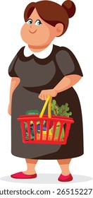 
Mulher madura feliz com supermercado vetor cesta personagem. Senhora alegre comprando os melhores produtos em um supermercado 

