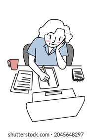 Happy mature woman taking notes and using computer to search information while working online. Senior woman learning online course at home. Mature woman taking notes while attending online class. 