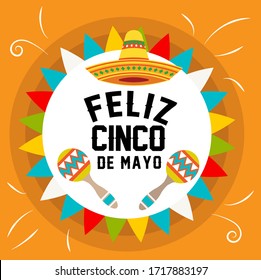 happy May 5 card decorated with maracas, mexican hat and flags on orange background