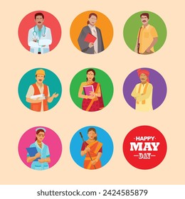 Happy May Day Greeting design with illustration of diverse professionals. 