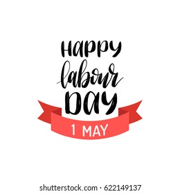 Happy May Day lettering vector background. Labour Day logo concept with red ribbon. International Workers day illustration for greeting card, poster design etc.