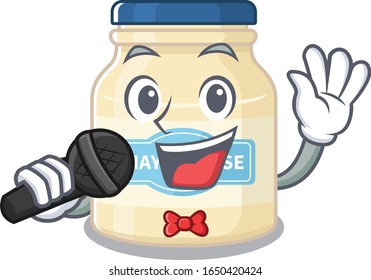 Happy mayonnaise in singing on a microphone