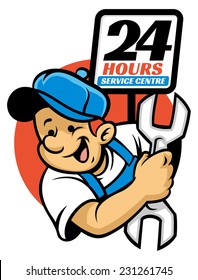 happy mechanic hold a wrench