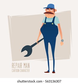 happy mechanic hold a wrench, repair man, cartoon vector illustraion, character for your design