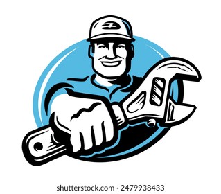 Happy mechanic holding an adjustable wrench in his hand. Repair or plumbing work emblem or logo. Vector illustration