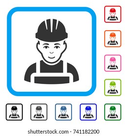 Happy Mechanic icon. Flat gray pictogram symbol inside a light blue rounded rectangular frame. Black, gray, green, blue, red, orange color versions of Happy Mechanic vector.