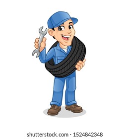 Happy Mechanic Man Carrying The Tire with Holding a Wrench in The Other Hand for Service, Repair or Maintenance Mascot Concept Cartoon Character Design, Vector Illustration, in Isolated White Backgrou