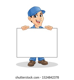 Happy Mechanic Man Holding Blank Board For Service, Repair Or Maintenance Mascot Concept Cartoon Character Design, Vector Illustration, In Isolated White Background.