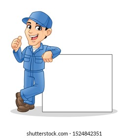 Happy Mechanic Man Leaning Empty Board for Service, Repair or Maintenance Mascot Concept Cartoon Character Design, Vector Illustration, in Isolated White Background.