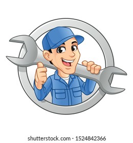 Happy Mechanic Man Logo Holding Huge Wrench for Service, Repair or Maintenance Mascot Concept Cartoon Character Design, Vector Illustration, in Isolated White Background.