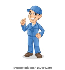 Happy Mechanic Man with Thumbs Up Hand Gesture Sign for Service, Repair or Maintenance Mascot Concept Cartoon Character Design, Vector Illustration, in Isolated White Background.