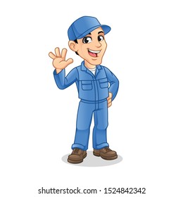 Happy Mechanic Man with Waving Hand Gesture Sign for Service, Repair or Maintenance Mascot Concept Cartoon Character Design, Vector Illustration, in Isolated White Background.