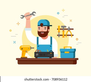 Happy mechanic repairs the things behind the table. Flat-styled illustration