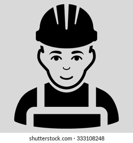 Happy Mechanic vector icon. Style is flat symbol, black color, rounded angles, light gray background.