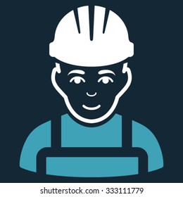 Happy Mechanic vector icon. Style is bicolor flat symbol, blue and white colors, rounded angles, dark blue background.