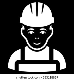 Happy Mechanic vector icon. Style is flat symbol, white color, rounded angles, black background.