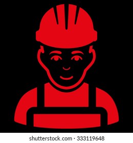 Happy Mechanic vector icon. Style is flat symbol, red color, rounded angles, black background.