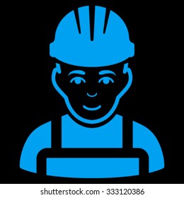 Happy Mechanic vector icon. Style is flat symbol, blue color, rounded angles, black background.