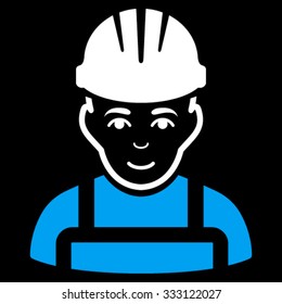Happy Mechanic vector icon. Style is bicolor flat symbol, blue and white colors, rounded angles, black background.