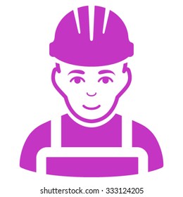 Happy Mechanic vector icon. Style is flat symbol, violet color, rounded angles, white background.