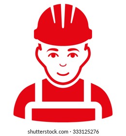 Happy Mechanic vector icon. Style is flat symbol, red color, rounded angles, white background.