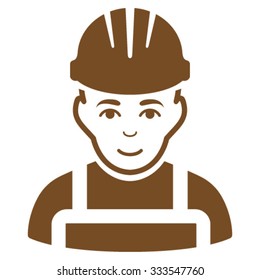 Happy Mechanic vector icon. Style is flat symbol, brown color, rounded angles, white background.