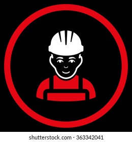 Happy Mechanic vector icon. Style is bicolor flat circled symbol, red and white colors, rounded angles, black background.