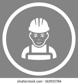 Happy Mechanic vector icon. Style is flat circled symbol, white color, rounded angles, gray background.