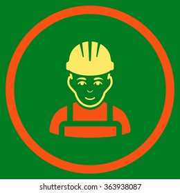 Happy Mechanic vector icon. Style is bicolor flat circled symbol, orange and yellow colors, rounded angles, green background.