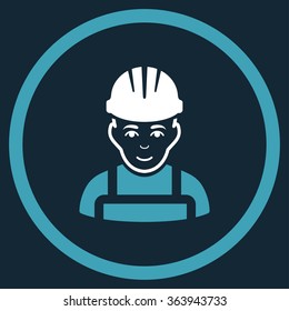 Happy Mechanic vector icon. Style is bicolor flat circled symbol, blue and white colors, rounded angles, dark blue background.