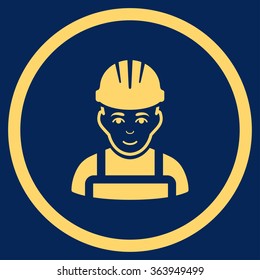 Happy Mechanic vector icon. Style is flat circled symbol, yellow color, rounded angles, blue background.