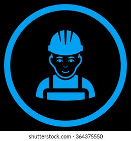 Happy Mechanic vector icon. Style is flat circled symbol, blue color, rounded angles, black background.