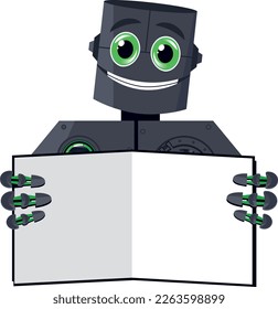 Happy mechanical humanoid robot holding a banner