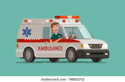 Happy medic goes on car. Ambulance service, emergency care, hospital concept. Medicine vector illustration