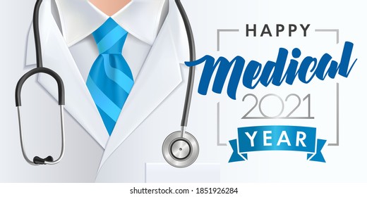 Happy medical 2021 year background. Medical health care banner design with doctor, numbers 20 21, stethoscope and blue necktie. Vector illustration