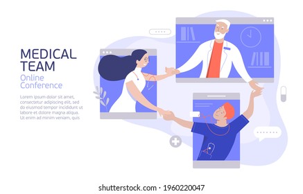 Happy Medical Colleagues Congratulating Each Other On Their Success. Medical Team Online Conference. Remotely Virtual Discussion Of Medicine Professionals. Flat Vector Illustration Concept.