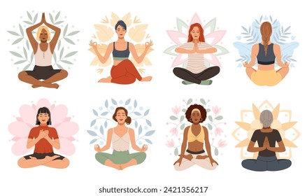 Feliz meditación de mujeres. Posición del loto del yoga, sentado en asana, damas relajadas, diferentes elementos auríferos, hojas y flores de mandala, dibujos planos de dibujos animados pacíficos conjunto aislado de vectores