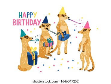 Happy meerkats holding gift boxes and celebrate birthday of their family member. They have party blowers. Vector hand drawn illustration isolated on white. Happy Birthday lettering. Greeting card.