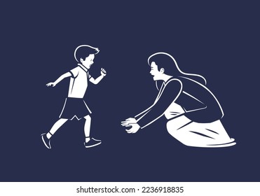 A happy meeting of a mother with her son. Maternal hugs. Illustration on white background.