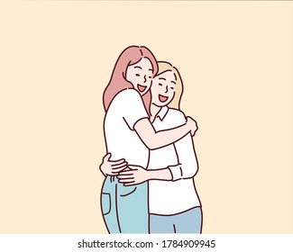 Happy meeting of two friends hugging. Hand drawn style vector design illustrations.