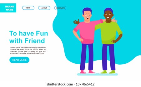 Happy meeting of two friends. Website or landing page. Multicultural friendship concept illustration. Vector illustration in a flat cartoon style