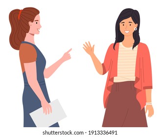 Happy meeting of two friends, women are glad to see each other, emotional meeting of colleagues at work. Surprised cartoon female characters raised hands get ready to give five, good relationship