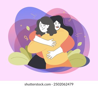 Happy meeting of two hugging female friends. Smiling woman putting her arms around girlfriend flat vector illustration. Love, relatives, friendship, affection, relationship concept