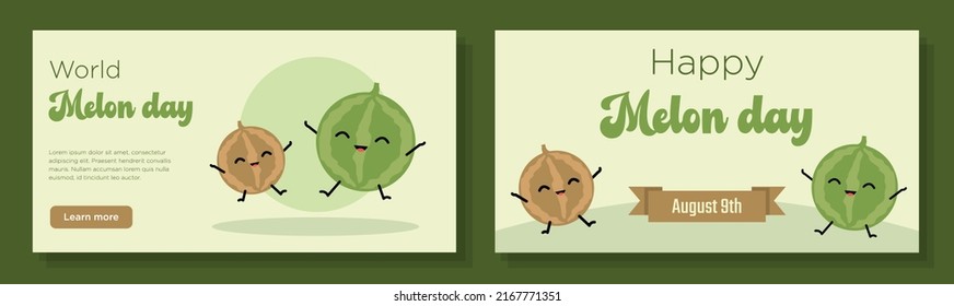 Happy melon day 2022 online banner template set, delicious juicy fruit celebration advertisement, horizontal ad, August 9th content marketing, cute kawaii melons creative brochure, isolated.