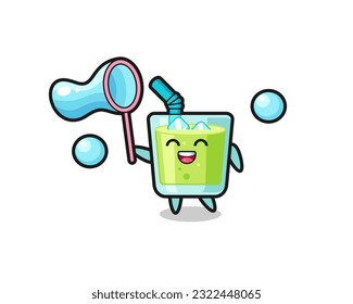 happy melon juice cartoon playing soap bubble , cute style design for t shirt, sticker, logo element