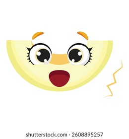 Happy melon slice with wide eyes and joyful face, perfect for childrens materials, food designs, packaging, and playful branding