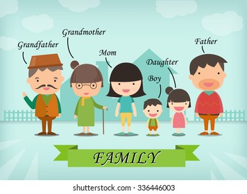 Happy of member family posing together. Parents with children sister boy grandmother and grandfather . Illustration cartoon vector design 