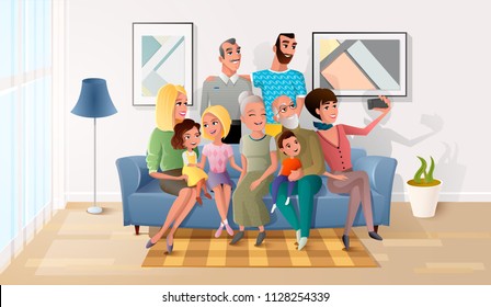 Happy Members Of Big Family Gathered Together, Making Selfie Photo, Shooting Group Portrait Of Three Generations On Cellphone While Sitting On Sofa In Living Room At Home Cartoon Vector Illustration