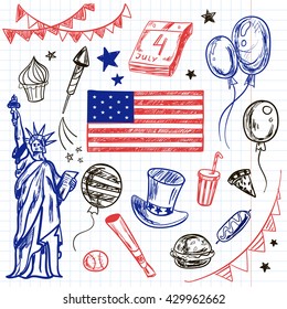 Happy Memorial Day American themed doodle set. National symbols of Fourth of July set, festival traditional attributes and decorations. Vector Isolated over white background.