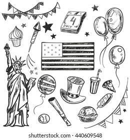 Happy Memorial Day American themed doodle set. National symbols of Fourth of July set, festival traditional attributes and decorations. Vector Isolated over white background.